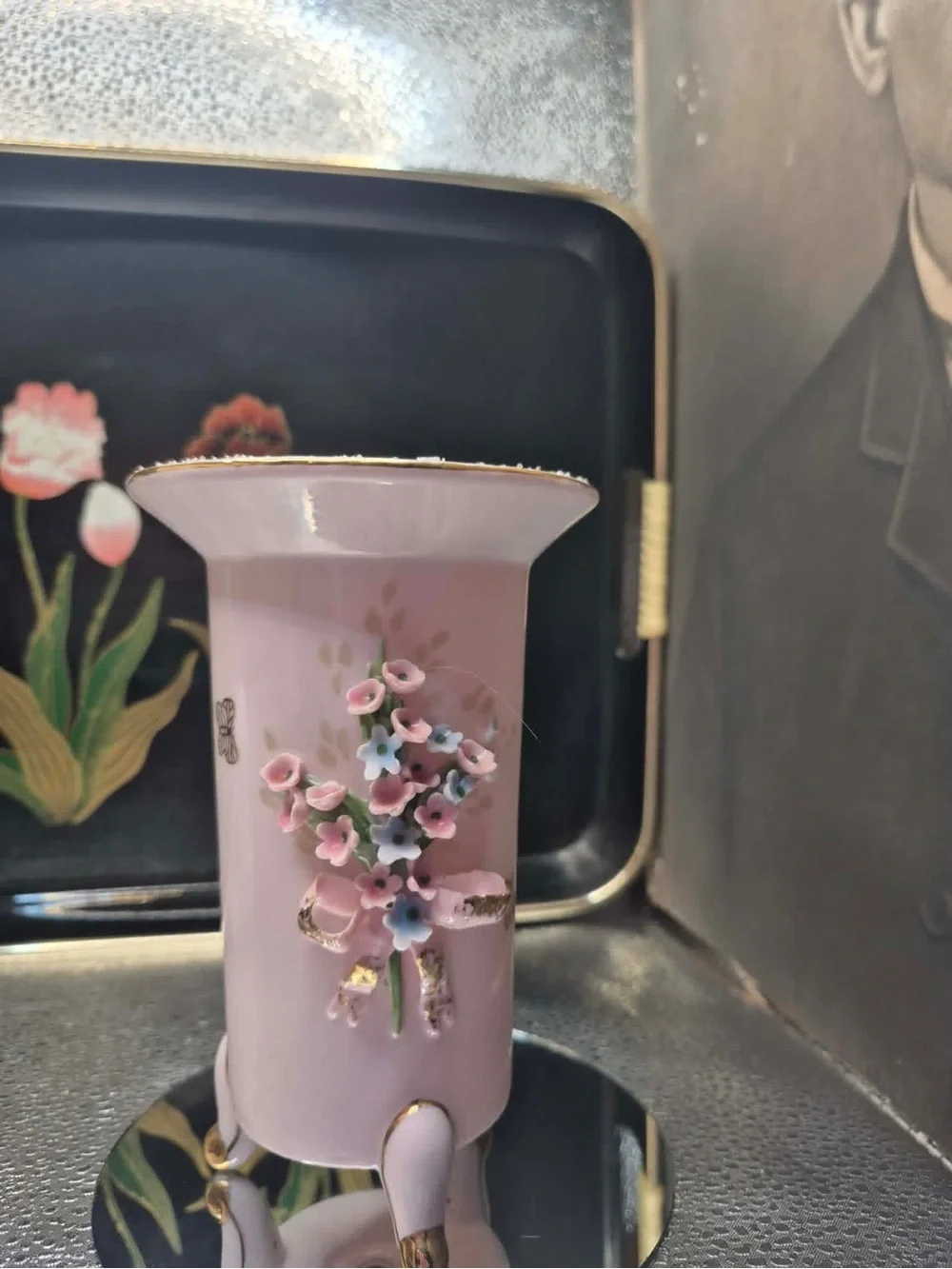 Vintage MCM Pink Lefton China Footed Bud Vase 24k Gold Sugared Rim & butterflies